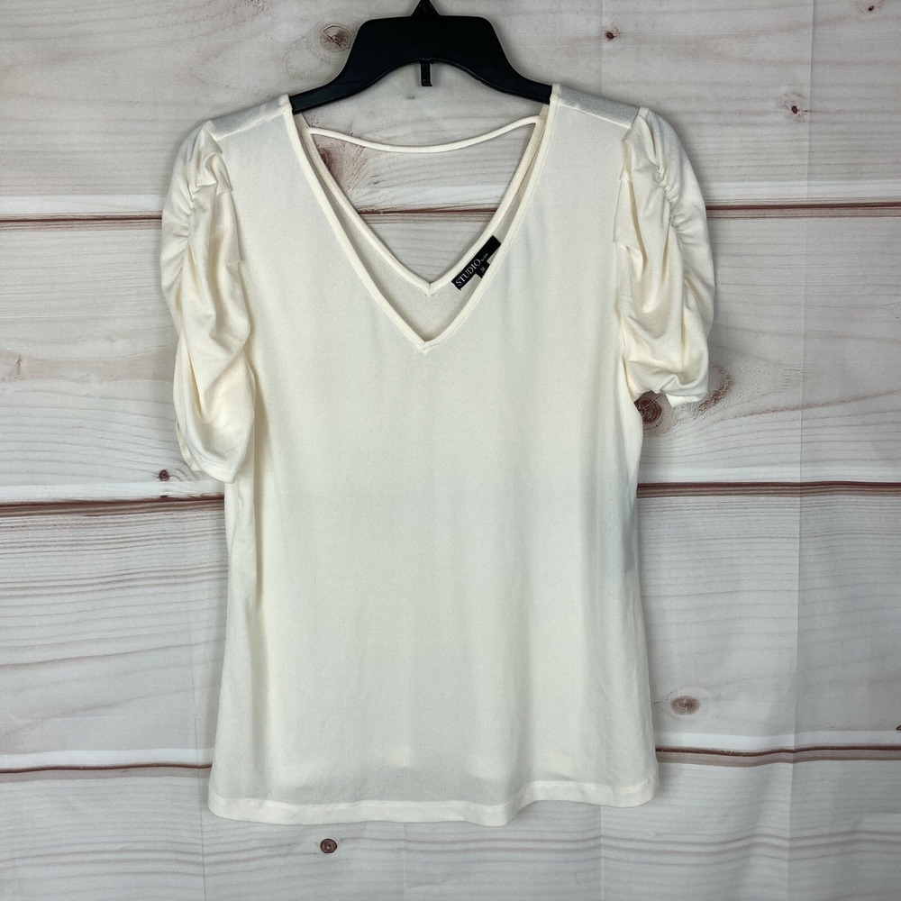 JPR Studio Top Womens Medium White Ruched Short Sleeve V-Neck Knit Blouse Solid